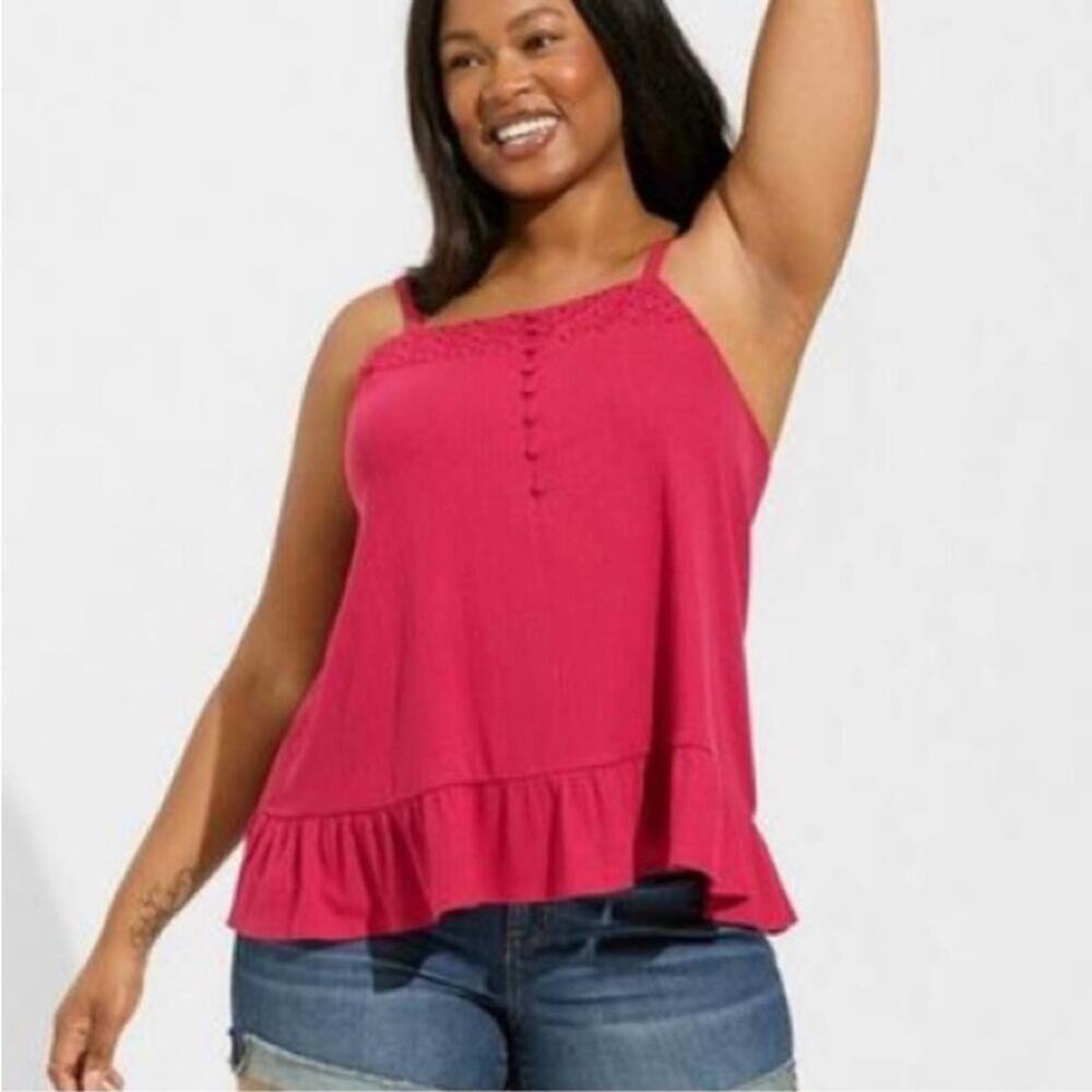 Torrid Cherries Jubilee Texture Knit Woven Eyelet Square Neck Swing Tank